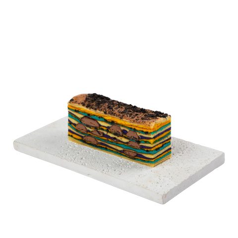 Kek Lapis Cheese Velvet, cut to show the layers